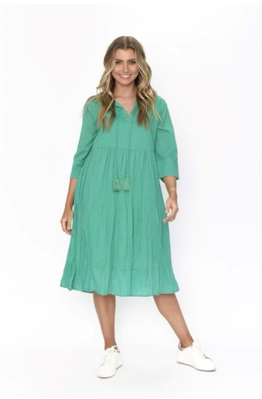 One Summer Amber Tie Neck Solid Dress - Jade