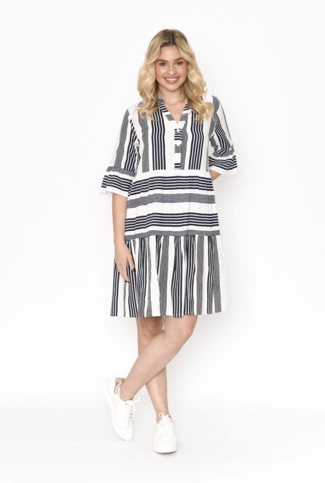 One Summer Maya Button V Neck Layer Dress - Navy & White