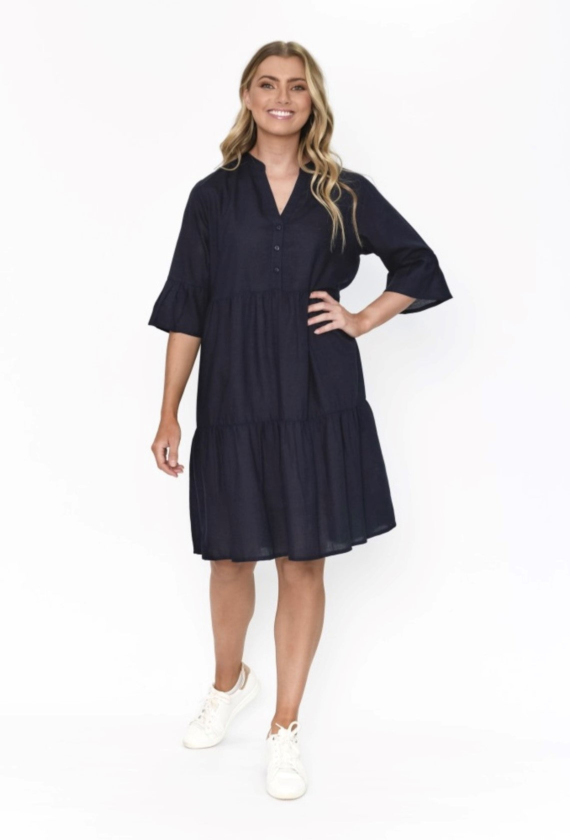 One Summer Maya Button V Neck Layer Dress - Navy