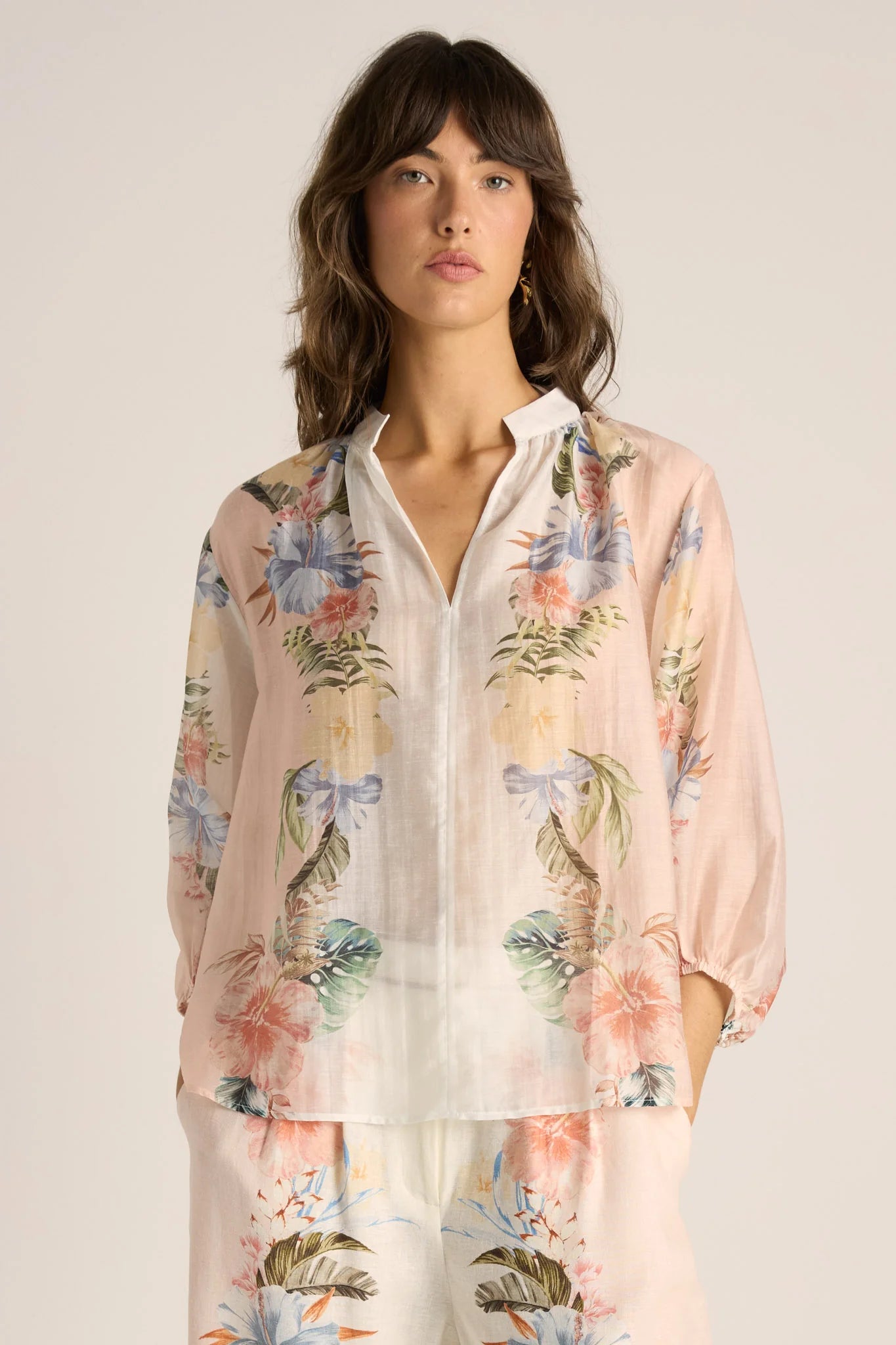 Fate + Becker Solara Split Neck Blouse - Pink Print