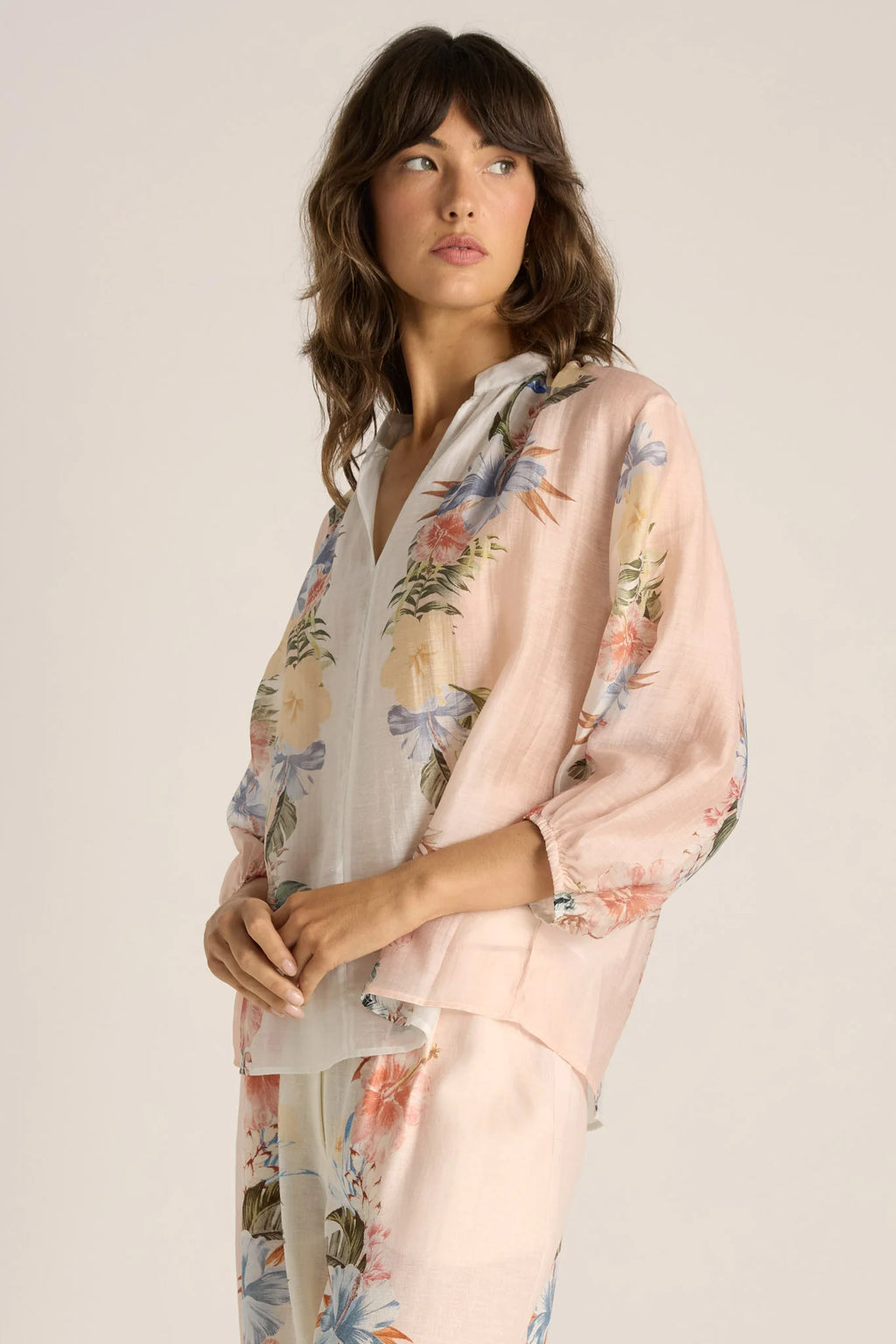 Fate + Becker Solara Split Neck Blouse - Pink Print