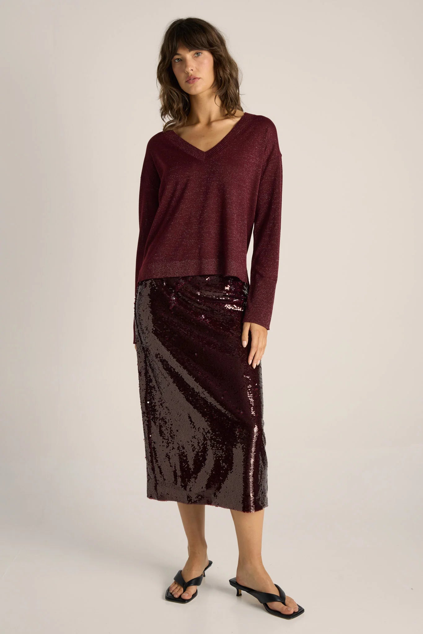 Fate + Becker Oriane Sparkle V-Neck Knit - Burgundy