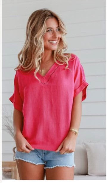 Joop and Gypsy Carnival Linen V Neck Top - Hot Pink