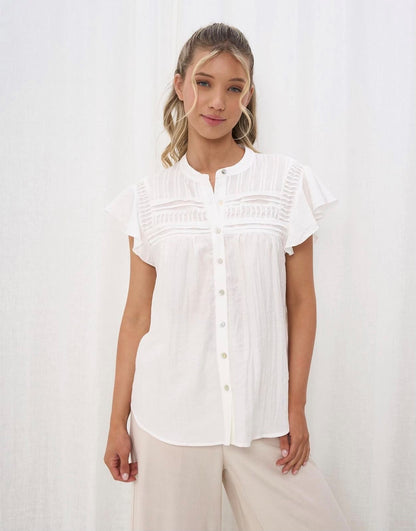Iris Maxi the label White Pleat Short Sleeve Button Up Shirt SALE $30!