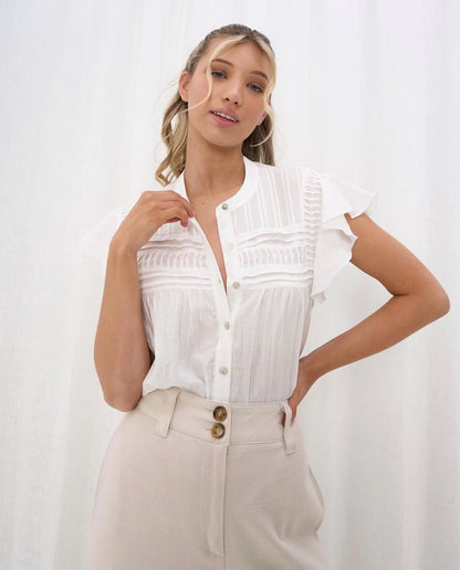 Iris Maxi the label White Pleat Short Sleeve Button Up Shirt SALE $30!