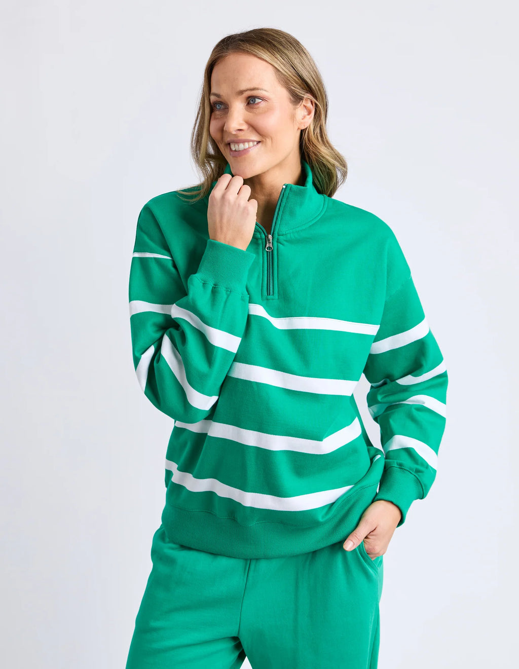 ELM Lane Zip Crew Green & White Stripe 8159108.TURQ