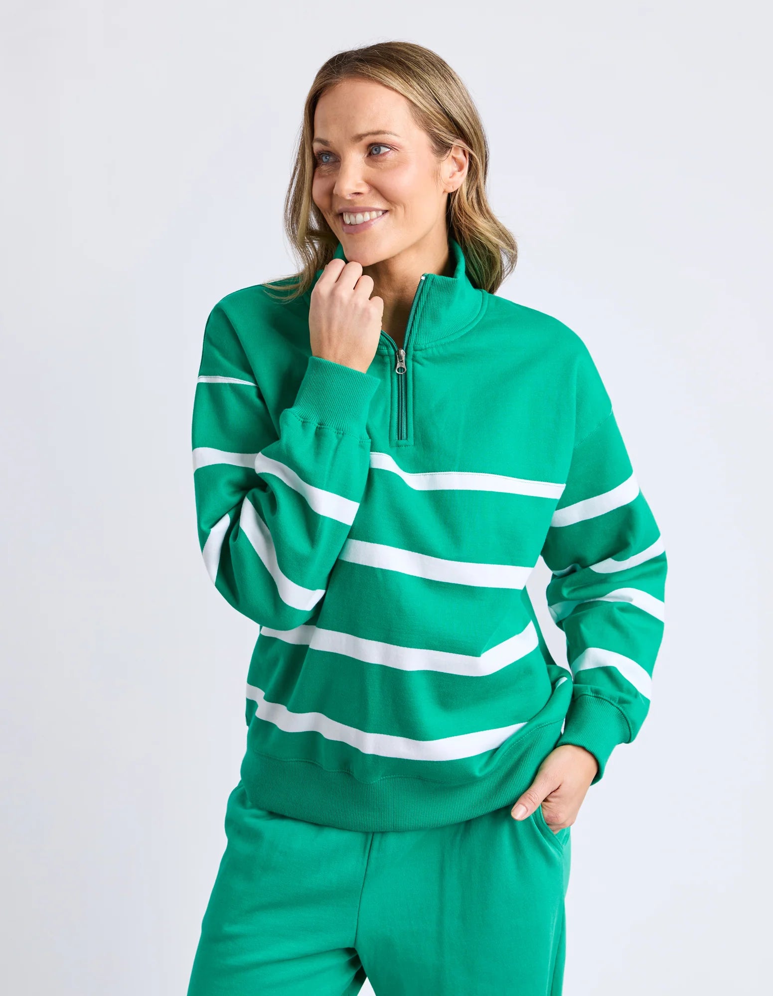 ELM Lane Zip Crew Green & White Stripe 8159108.TURQ