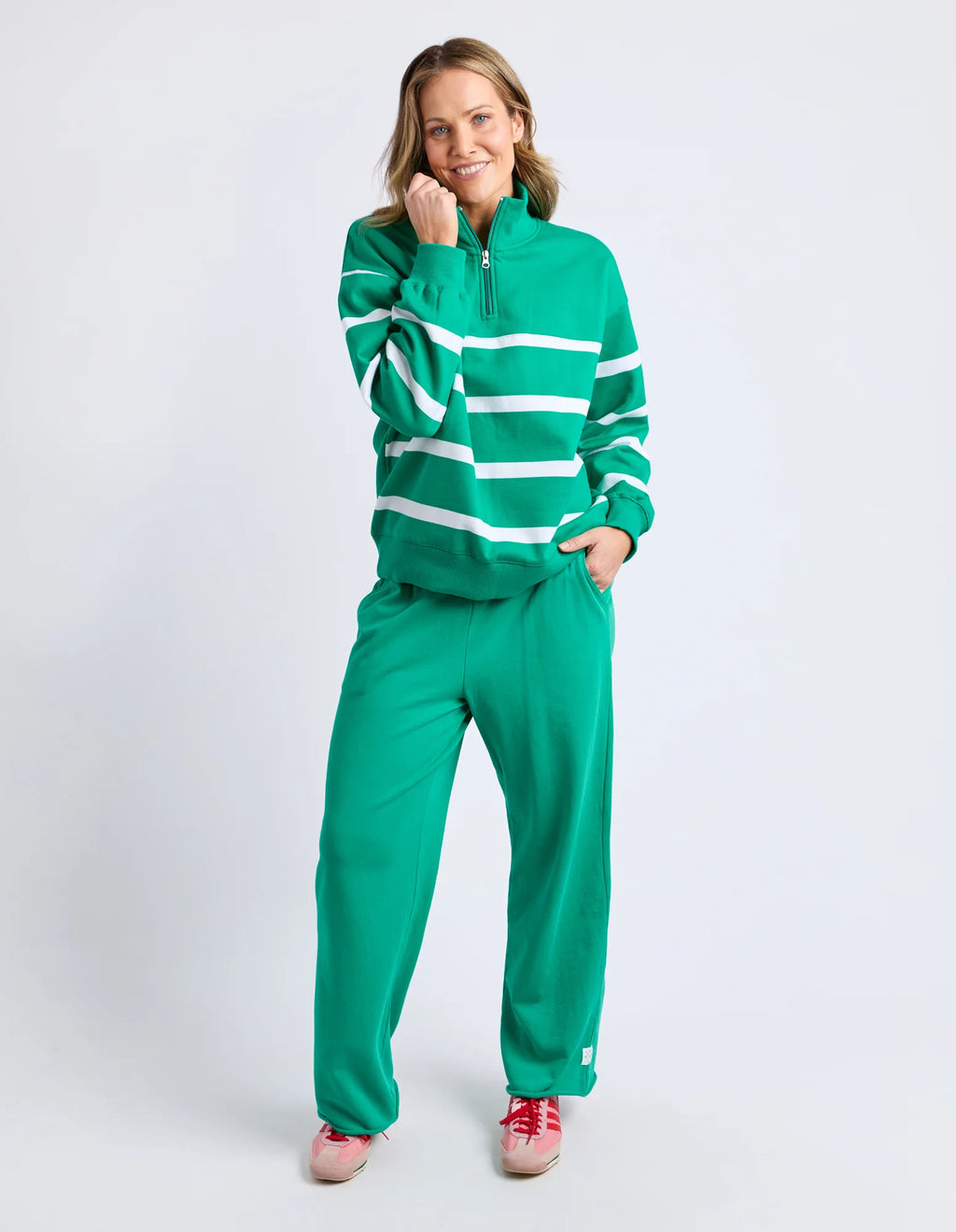 ELM Lane Zip Crew Green & White Stripe 8159108.TURQ