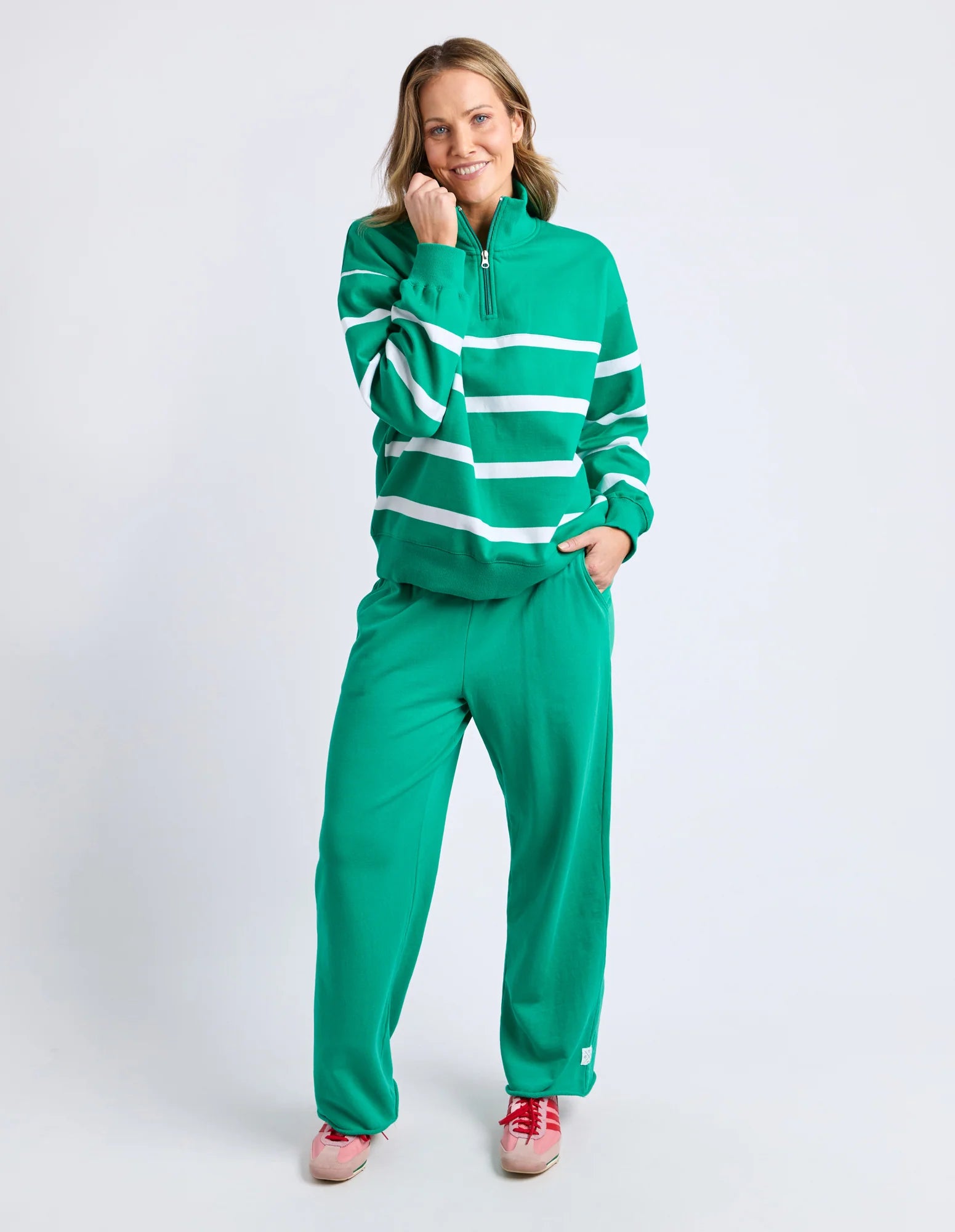 ELM Lane Zip Crew Green & White Stripe 8159108.TURQ