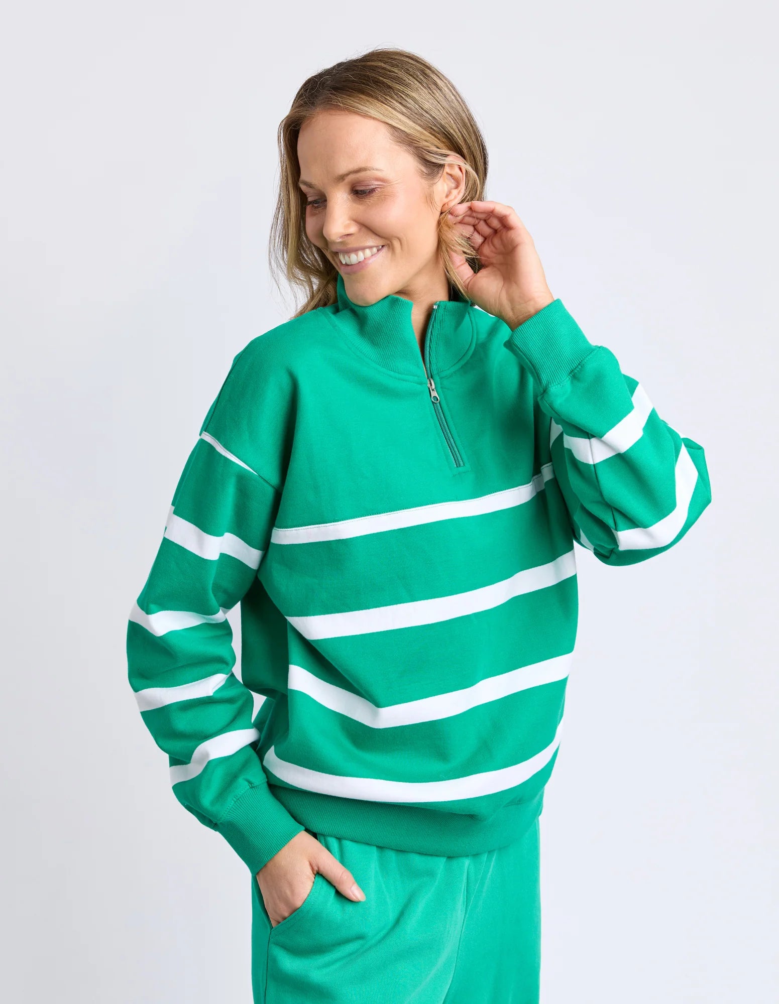 ELM Lane Zip Crew Green & White Stripe 8159108.TURQ