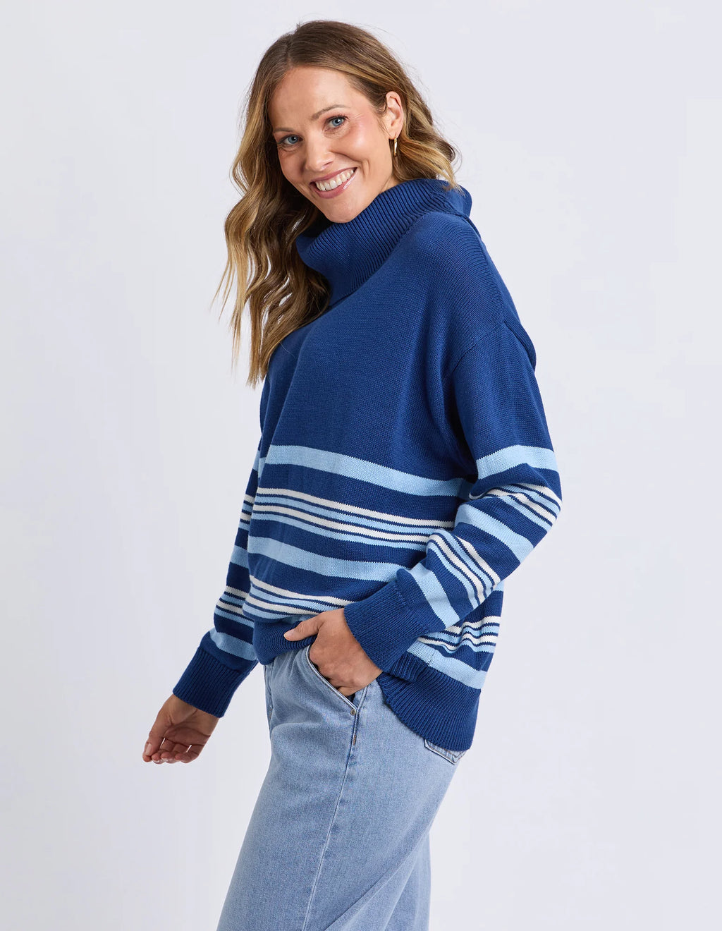 ELM Striped Roll Neck Sweater Navy 8177028.NAVY