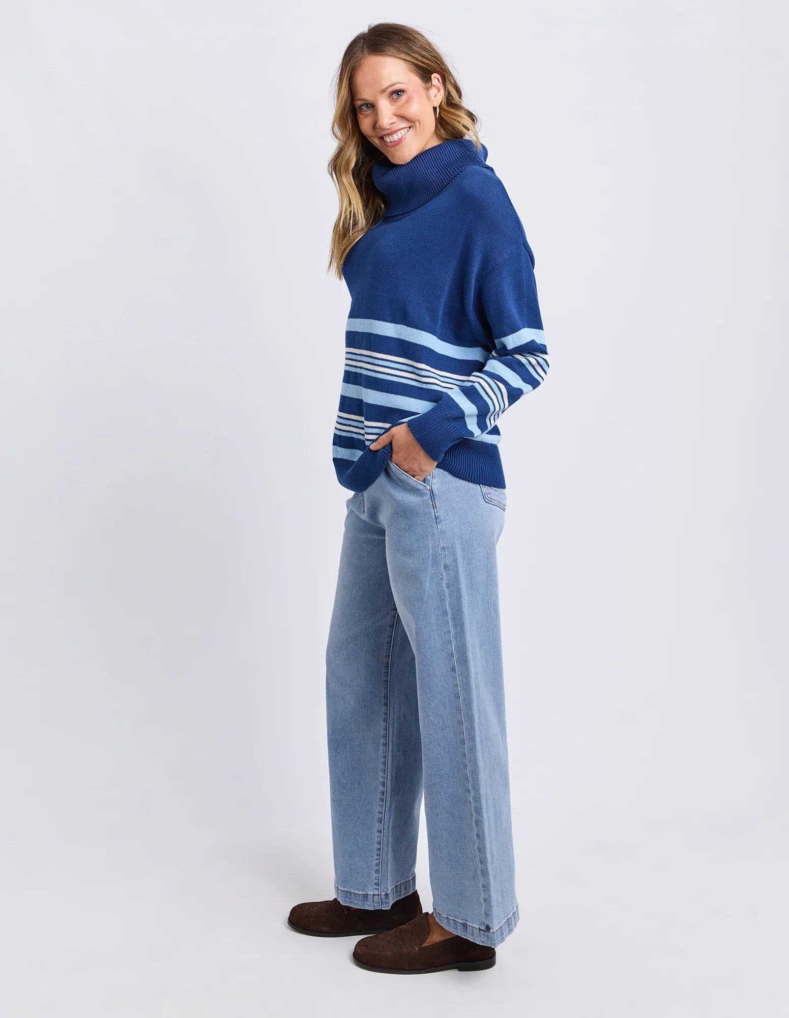 ELM Striped Roll Neck Sweater Navy 8177028.NAVY