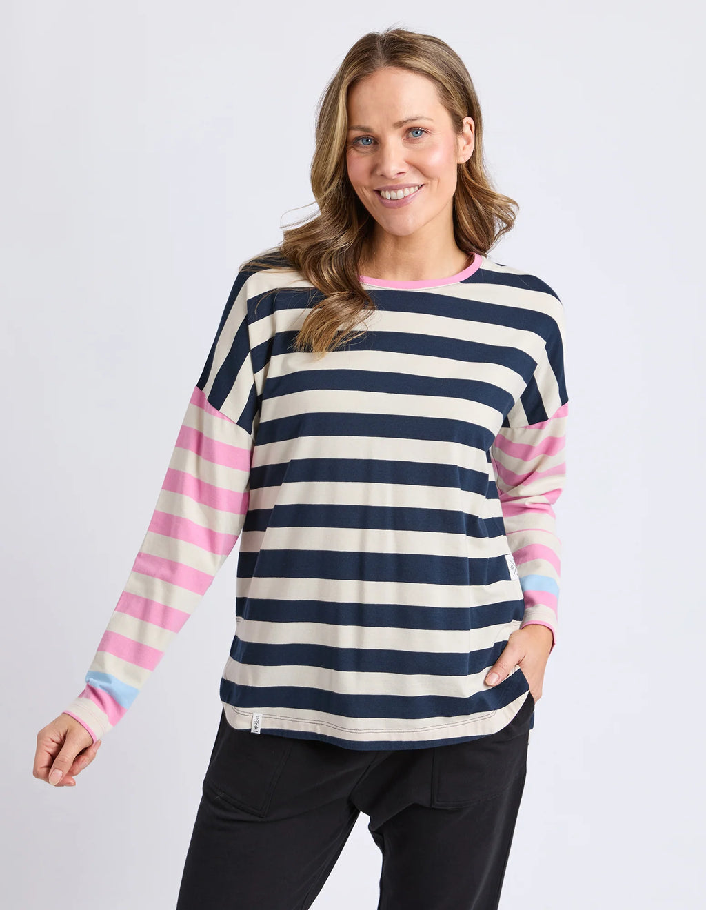 ELM Gaeb Stripe Long Sleeve Tee White, Navy & Pink 8177054.STR