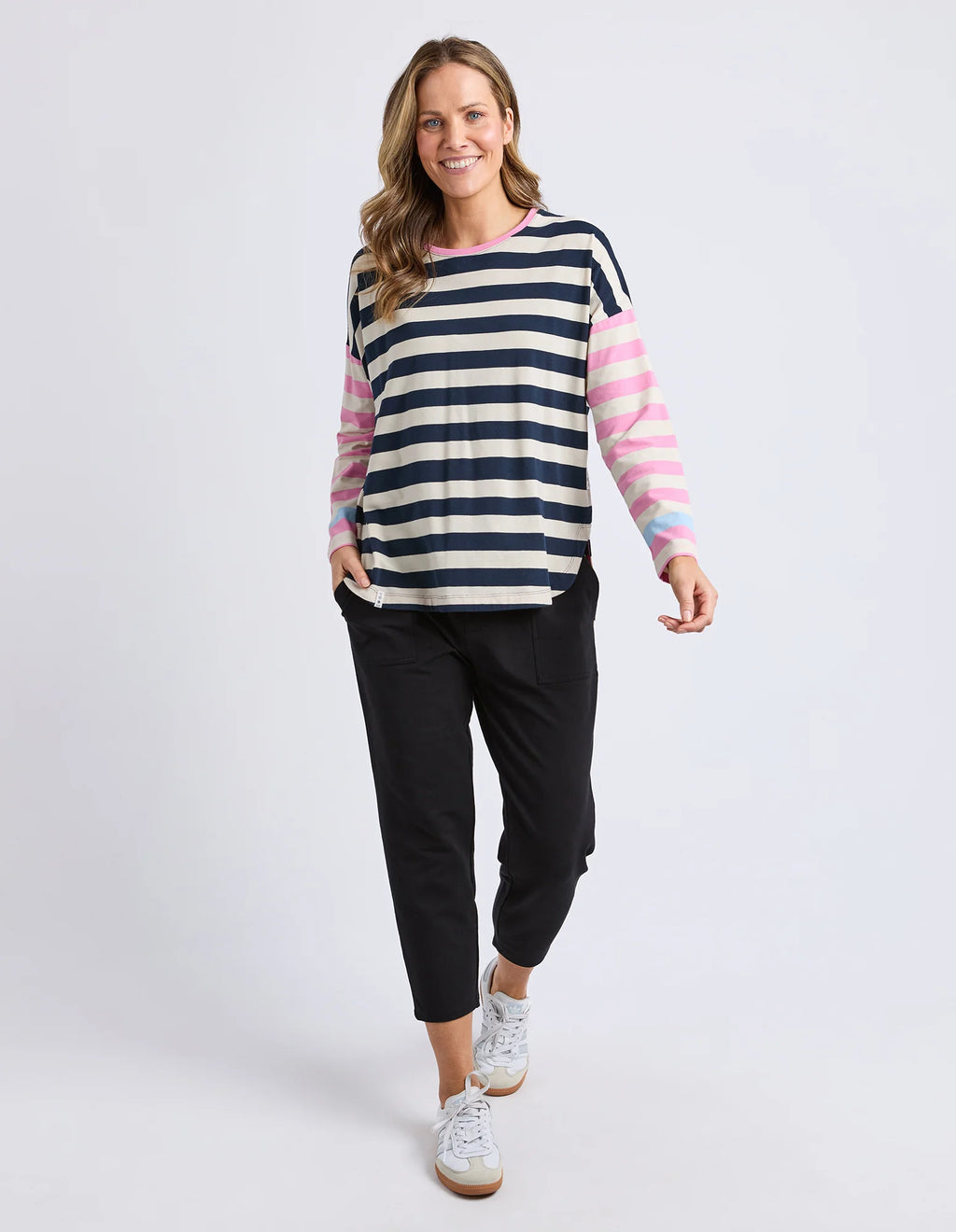 ELM Gaeb Stripe Long Sleeve Tee White, Navy & Pink 8177054.STR