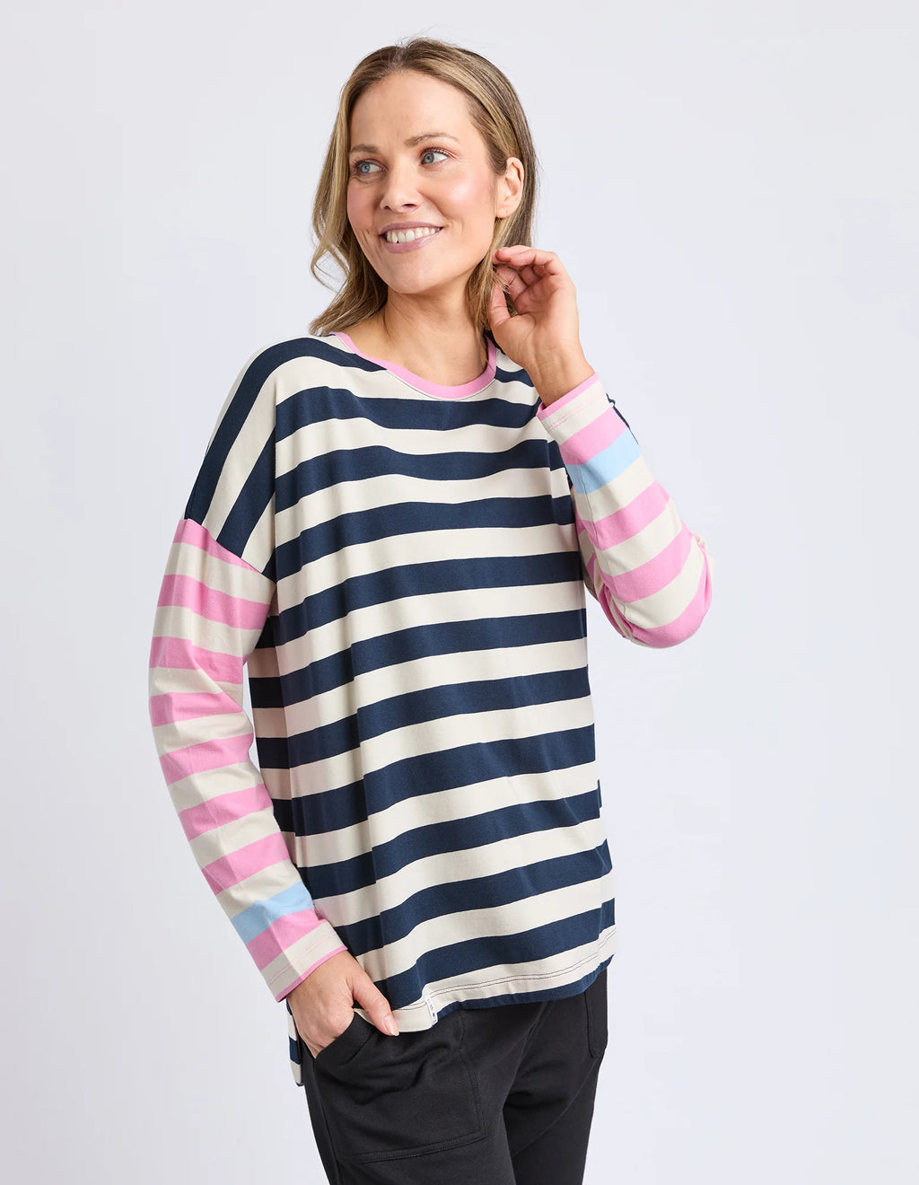 ELM Gaeb Stripe Long Sleeve Tee White, Navy & Pink 8177054.STR
