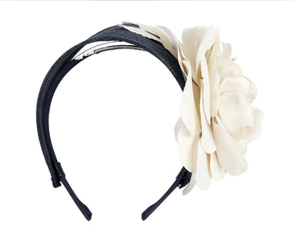 Wide Navy and Cream Leather Rose Headband Fascinator