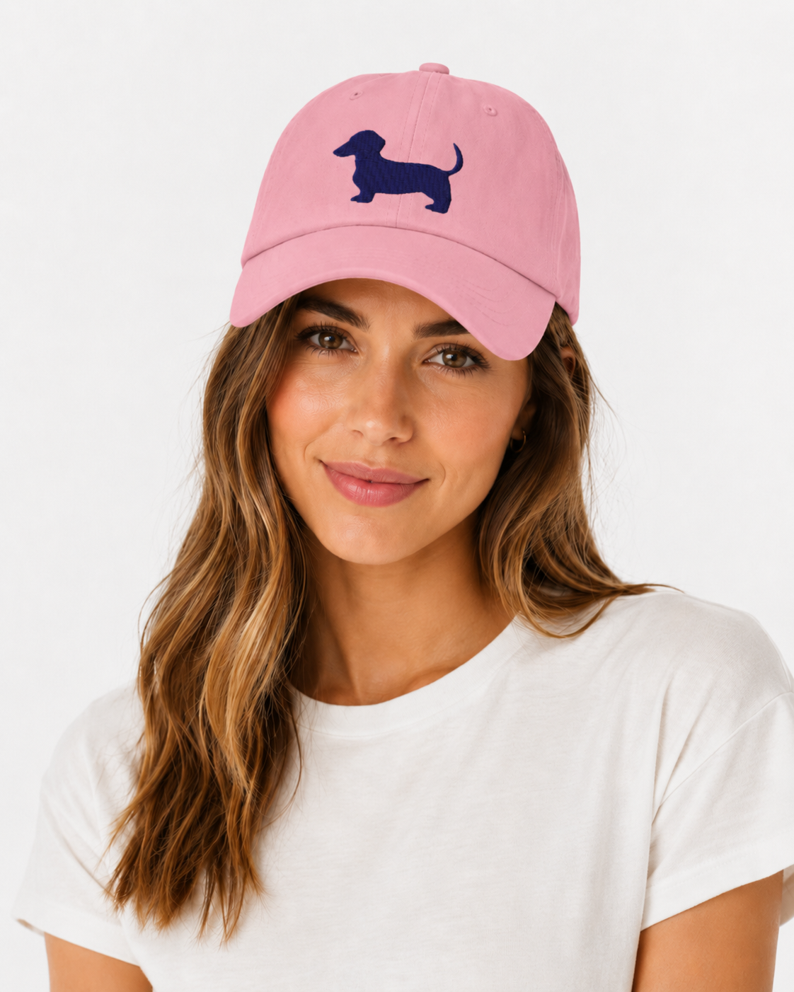 Blush Pink Dachshund Cap – Navy Embroidery