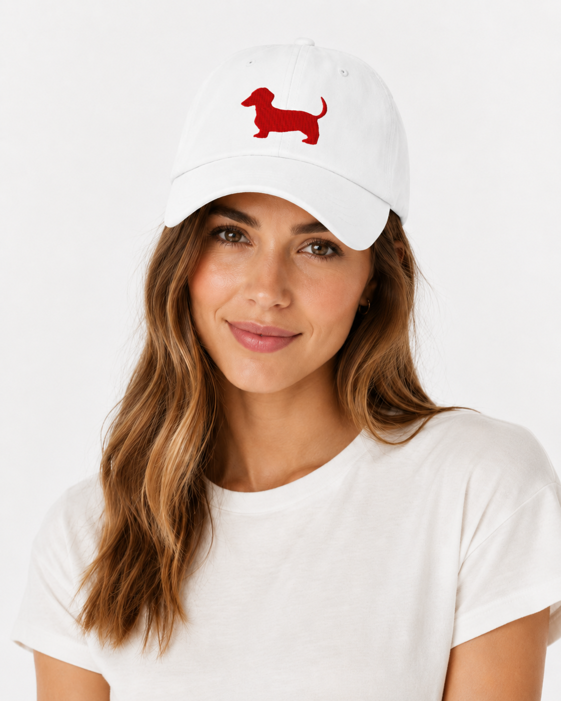 White Dachshund Cap – Red Embroidery